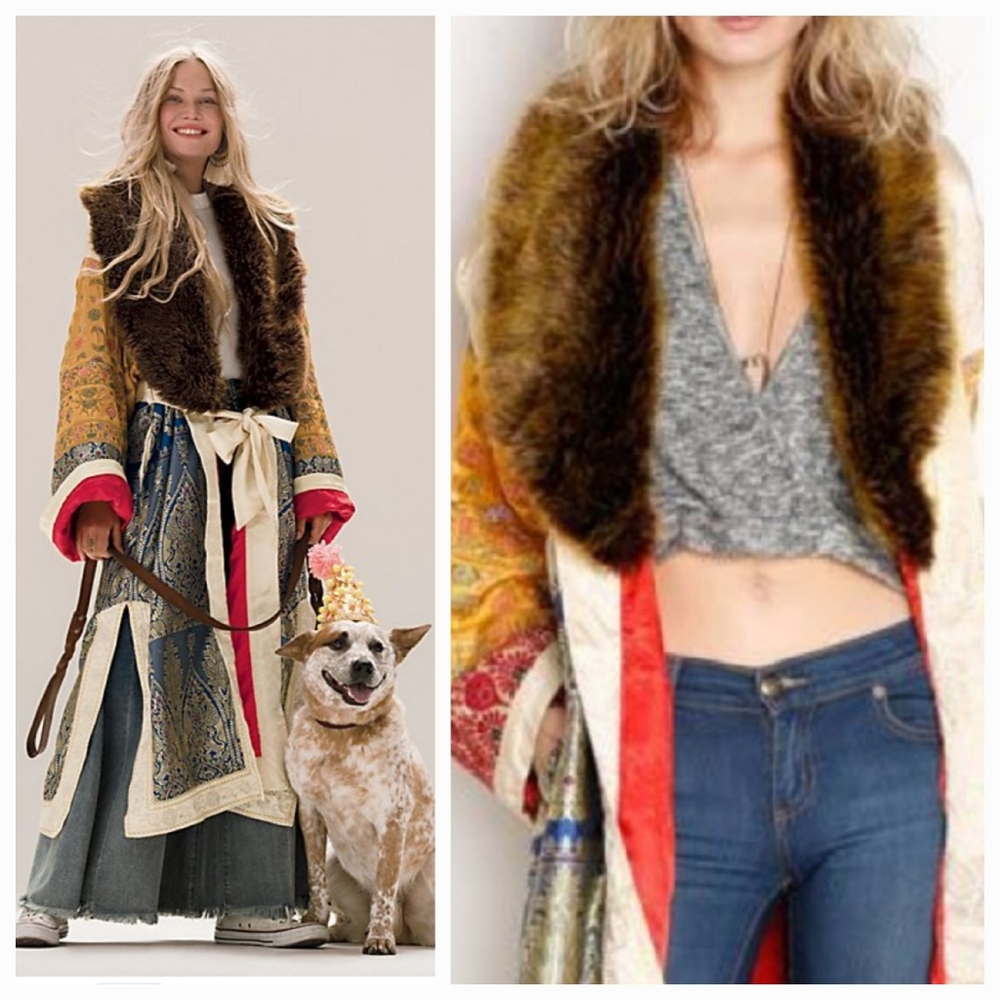 Free People Destination Unknown Sari Not Sorry Fur Embroidered Coat Kimono